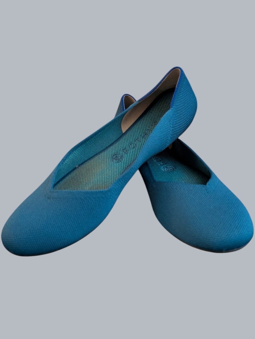 VGUC Rothys The Flat Topaz Turquoise Blue Heel Stripe Shoes Size 11 With Box